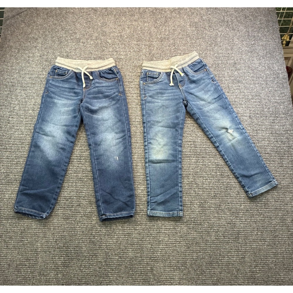 Cat & Jack Kids 5T Straight Leg Denim Jeans Blue Elastic Waist 2 Pair Distressed